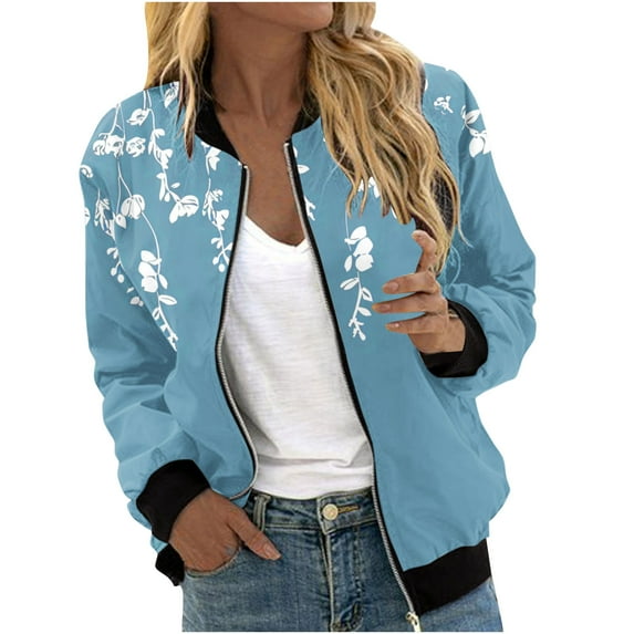 ChaoHeng Womens Jackets Lightweight with Hood Fashion Trendy,Women's Casual Fashion Printed Pocket Zippered Coat(Blue,S)