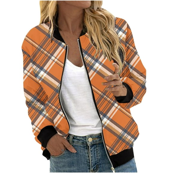 ChaoHeng Womens Jackets Plus Size No Hood,Women's Fashion Long Sleeve Zipper Print Outing Causal Coat Cardigan(Orange,XXL)