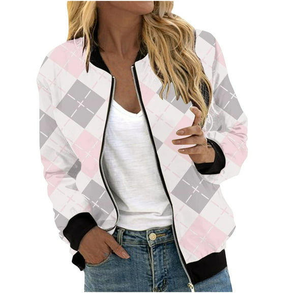 ChaoHeng Womens Jackets Plus Size No Hood,Women's Fashion Long Sleeve Zipper Print Outing Causal Coat Cardigan(Pink,M)