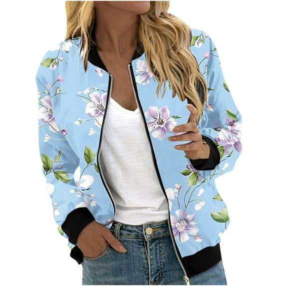 ChaoHeng Womens Jackets Plus Size for Fall Casual Trendy,Women's Casual Fashion Printed Pocket Zippered Coat(Light Blue,XXXL)