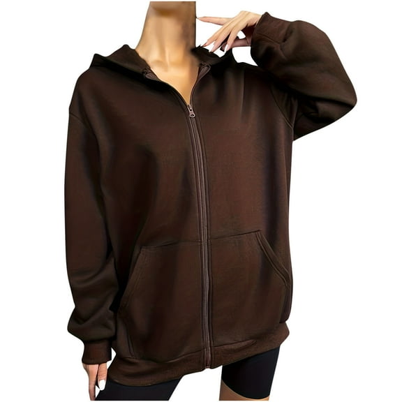 ChaoHeng Womens Jackets and Coats Clearance 2024 Clearance,Women's Stylish Warm Solid Color Zipper Hooded Loose Sweater Sweater,Coffee,S