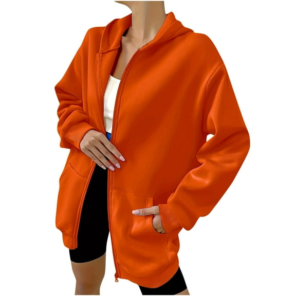 ChaoHeng Womens Jackets and Coats Clearance 2024 Clearance,Women's Stylish Warm Solid Color Zipper Hooded Loose Sweater Sweater,Orange,L