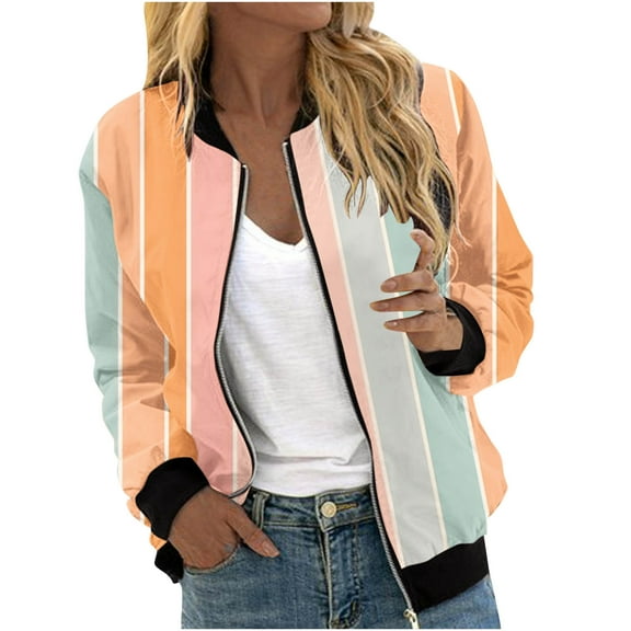 ChaoHeng Womens Jackets and Coats Fashion Casual,Women's Printed Cardigan Jacket Zippered Jacket Long Sleeved Casual Jacket(Orange,S)