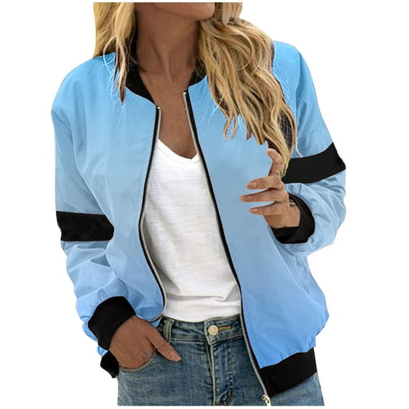 ChaoHeng Womens Jackets and Coats Clearance New Trendy,Women's Casual Fashion Gradient Pocket Zipper Top Jacket(Light Blue,L)