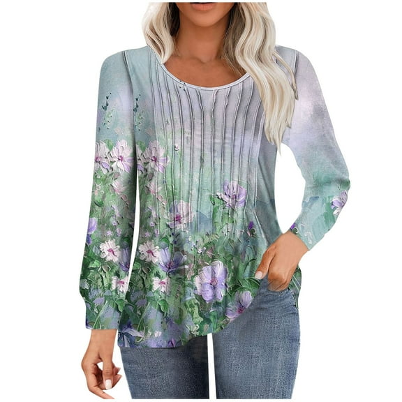 ChaoHeng Womens Long Sleeve Blouses Dressy,Women's Casual Long-sleeved Loose Round Neck Non-positioned Printed Top(Green,XL)