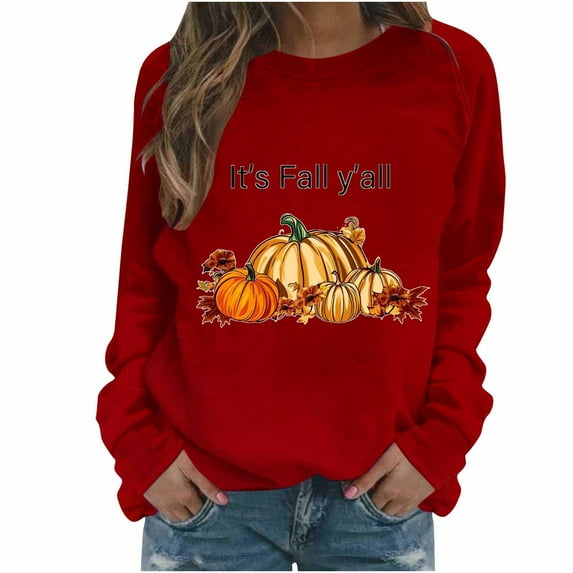 ChaoHeng Womens Long Sleeve Print Round Neck Tops Sweater Fall Savings Clearance 2025(Red,M)
