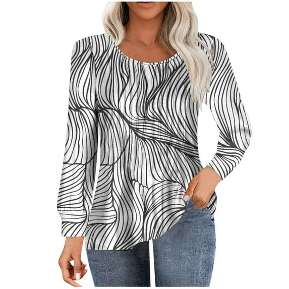 ChaoHeng Womens Long Sleeve Shirts Womens Autumn Long Sleeve New Trendy,Women's Casual Long-sleeved Loose Round Neck Non-positioned Printed Top(Black,XXL)