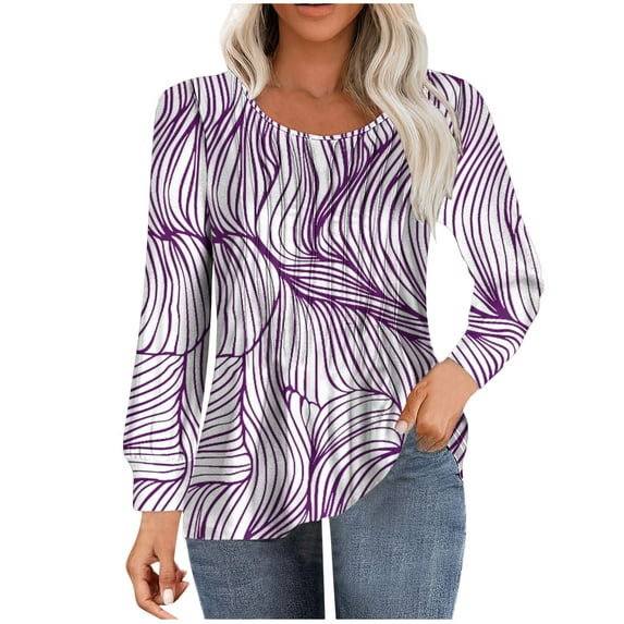 ChaoHeng Womens Long Sleeve Shirts Womens Autumn Long Sleeve New Trendy,Women's Casual Long-sleeved Loose Round Neck Non-positioned Printed Top(Purple,S)