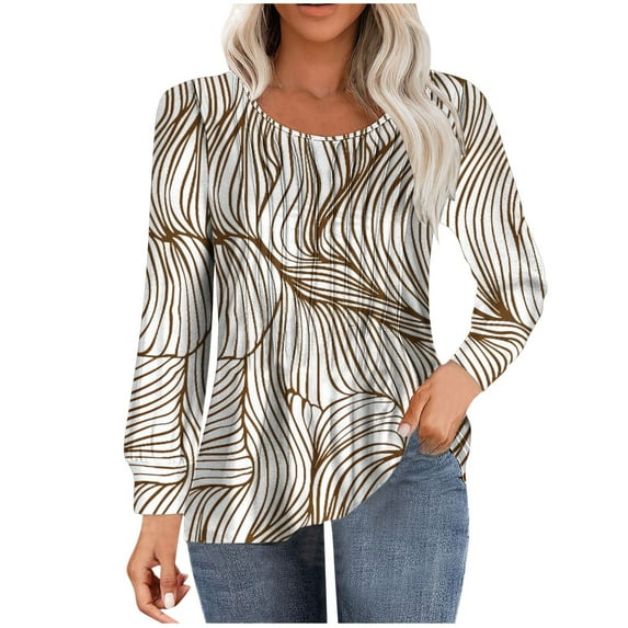 ChaoHeng Womens Long Sleeve Shirts Womens Autumn Long Sleeve New Trendy,Women's Casual Long-sleeved Loose Round Neck Non-positioned Printed Top(Khaki,L)