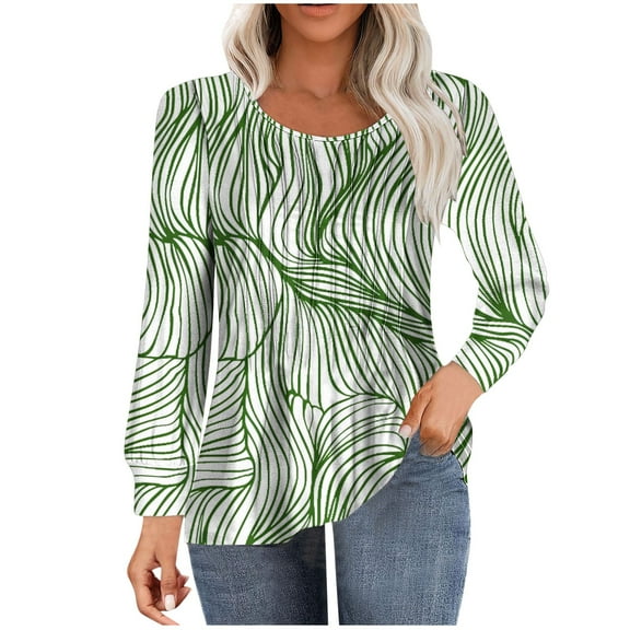 ChaoHeng Womens Long Sleeve Shirts Womens Autumn Long Sleeve New Trendy,Women's Casual Long-sleeved Loose Round Neck Non-positioned Printed Top(Green,M)