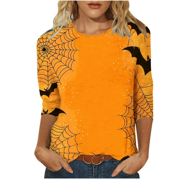 ChaoHeng Womens Plus Size 3/4 Sleeve T-shirt Top Blouse Fleece 2024 Halloween Fashion Casual(Yellow,S)