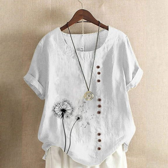ChaoHeng Womens Plus Size Tops Floral Linen-Like Button Shirt Women's Short Sleeve Tunic Blouse,White M
