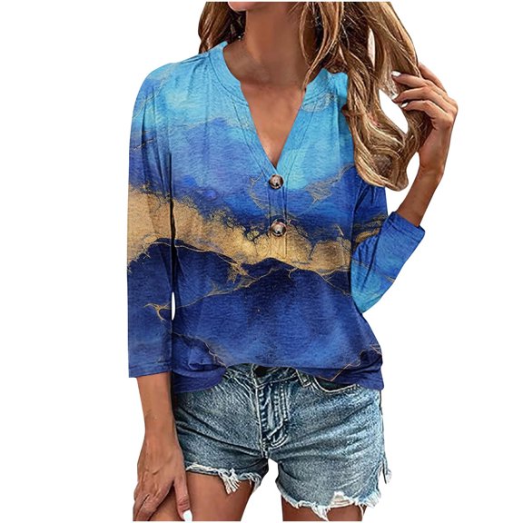 ChaoHeng Womens Plus Size tops Print Blouse Women Women's 3/4 Sleeve Solid Color Button Shirt Women's Loose T-Shirt top V-Neck top/Shirt Short Sleeve V-Neck top/Shirt