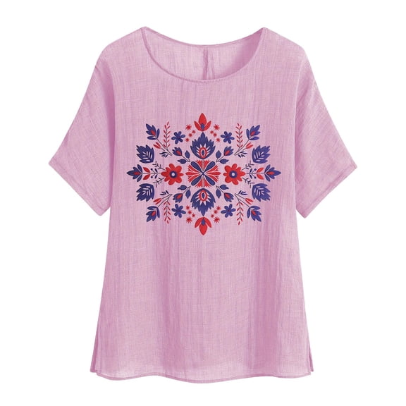 ChaoHeng Womens Plus Size Tops Summer Blouses Plus Size Women's Fashion Print Tees Casual Crew Neck Raglan Short Sleeve Loose T Shirt Linen Top Blouses
