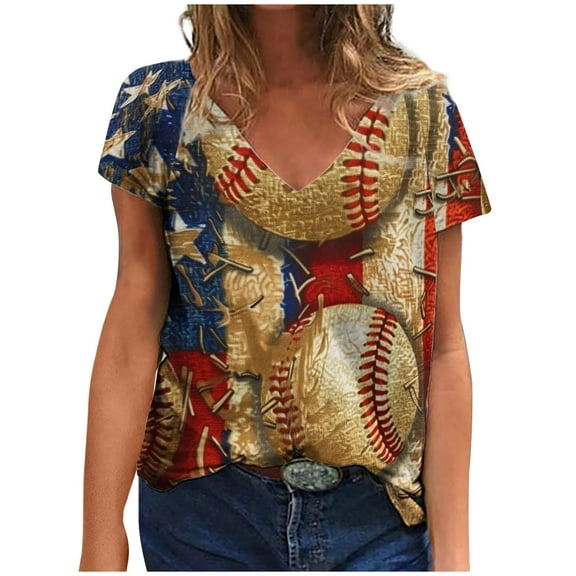 ChaoHeng Womens Plus Size tops Summer T-Shirts for Women Independence Day Women's top Short Sleeved Fashionable Printed V-Neck Short Sleeved T-Shirt
