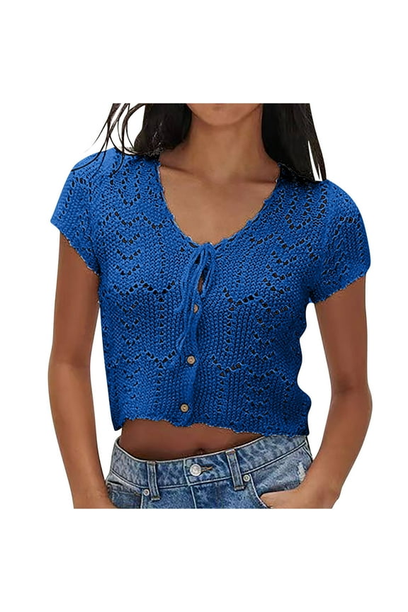 Womens Plus Size Tops Summer Tops for Women Women's Fashionable and Sexy Navel Exposed Hollow Solid Color Bow Tie Short Sleeved V-Neck Top/shirt