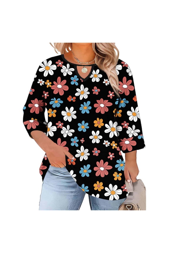 Womens Summer Tops Plus Size Crewneck with Front Cutout Three-Quarter SleeveFree Position Printing Base Layer T-Shirt Black XXL