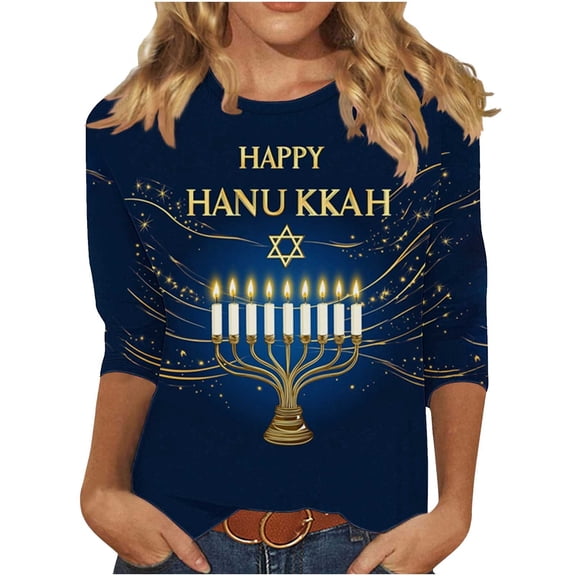 ChaoHeng Womens Summer Tops Trendy Cotton Women's 3/4 Sleeve Round Neck Hanukkah Casual Printed Pullover T-Shirt Multicolor S