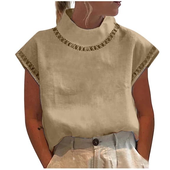 ChaoHeng Womens Tops under $10 Women Plus Size Summer Tops Womens Spring and Summer Solid Cut Out Top Casual High Neck Linen Lace Breathable T-Shirt
