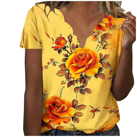 ChaoHeng Womens Tops under $5 Plus Size Summer Tops with Sleeves Women's Summer Fashion Polka Flower Printed Collar Casual Short Sleeved Top Short Sleeved V-neck Top/Shirt
