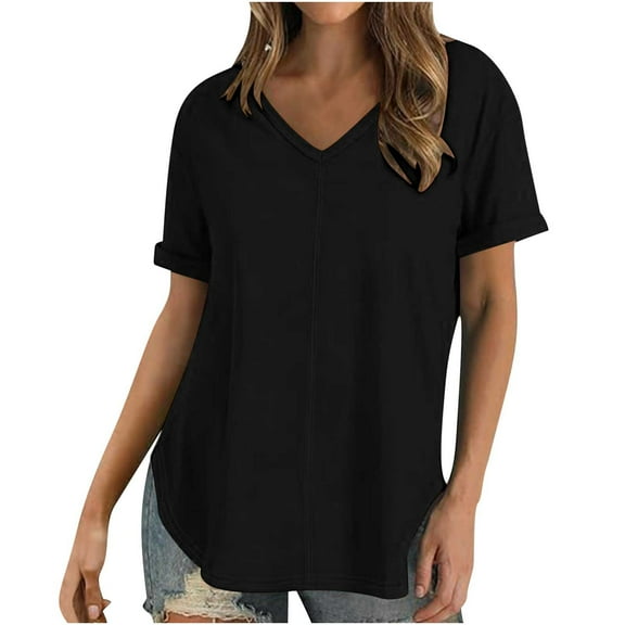 ChaoHeng Womens Tops under $5 Summer Blouses and Tops Solid Short Sleeve Tops for Women V Neck Summer Tshirts Seamed Rolled Sleeve Shirts Casual Tops