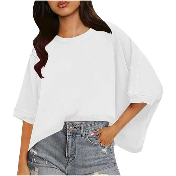 ChaoHeng Womens Tops under $5 Summer Tops for Women Women Solid Crop Tops for Women Short Sleeve Crewneck Tops Oversized T-shirts Casual Summer Tops