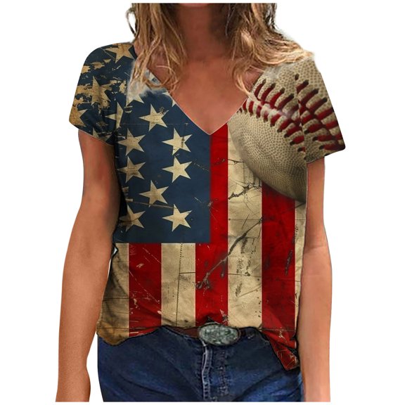 ChaoHeng Womens Tops Plus Size Summer Tops Short Sleeve Womens Tops Independence Day Women's Top Short Sleeved Fashionable Printed V-Neck Short Sleeved T-Shirt