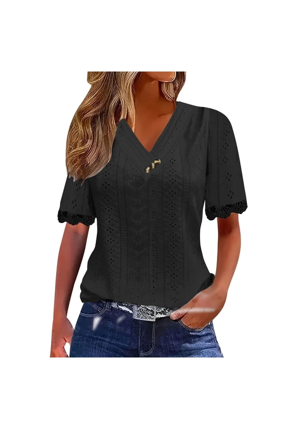Womens Tops Summer Blouses Plus Size Women's Spring and Summer Solid Color Lace Casual V-neck Short Sleeved Top
