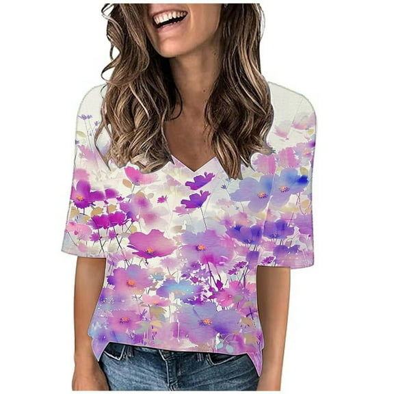 ChaoHeng Womens Tops Summer Blouses for Women 2025 Women's Fashion Tees Casual V-Neck Loose Cute T Shirt 1/2 Sleeve Ladies Top