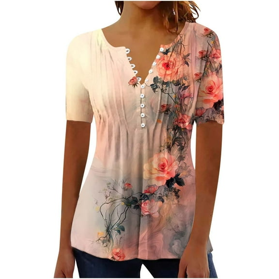 ChaoHeng Women Blouses on Women's V-Neck Short Sleeve Pleated Casual Print Top