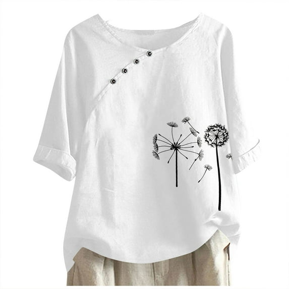 ChaoHeng Womens Tops Clearance under $10 Summer Blouses for Women Deals 2024 Women's Casual Fashion Crew-neck Button-printed Short-sleeved Top