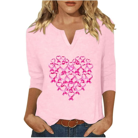 ChaoHeng Womens Tops Long Sleeve Breast Cancer Clearance,Fashion Women's Casual Loose Blouses Printed T-Shirt 3/4 Sleeved V-Neck Top(Pink,M)