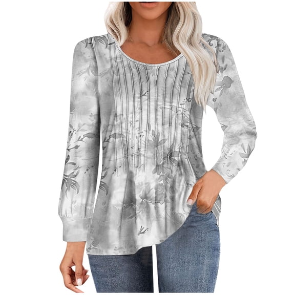 ChaoHeng Womens Tops Long Sleeve Button Down Plus Size,Women's Casual Long-sleeved Loose Round Neck Non-positioned Printed Top(Gray,XXL)