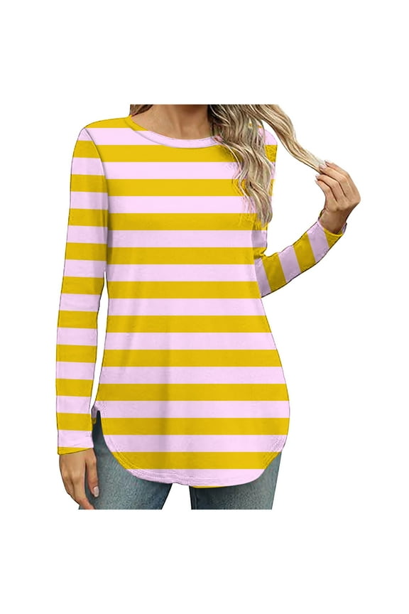Womens Tops Long Sleeve Fall,Women Loose Round Neck Long Sleeved Gradient Color T-shirt Top,Yellow,S