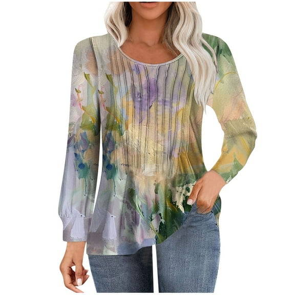 ChaoHeng Womens Tops Long Sleeve Plus Size Autumn Tees Up to 50% Off,Women's Casual Long-sleeved Loose Round Neck Non-positioned Printed Top(Yellow,L)