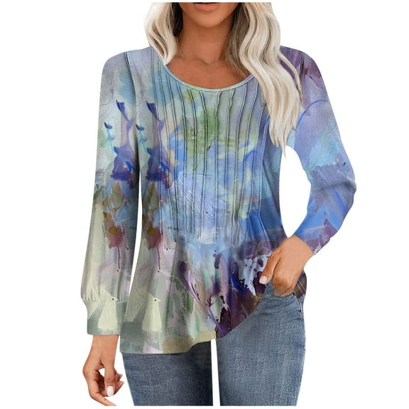 ChaoHeng Womens Tops Long Sleeve Plus Size Autumn Tees Up to 50% Off,Women's Casual Long-sleeved Loose Round Neck Non-positioned Printed Top(Blue,S)