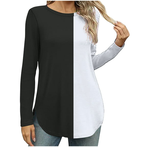 ChaoHeng Womens Tops Long Sleeve T-Shirt Color Block Casual Blouse for 2024 Fall/Winter Fashion Trendy(Black,M)