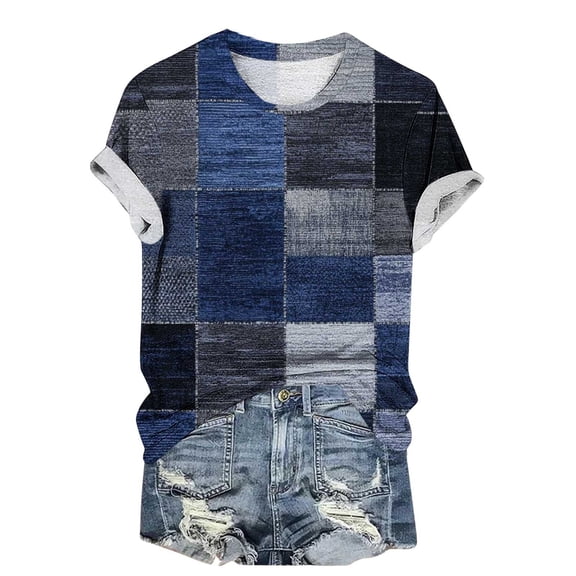 ChaoHeng Womens Tops Long Sleeve Women Checkered Casual Printed Round Neck Short Sleeve T-shirt Multicolor M