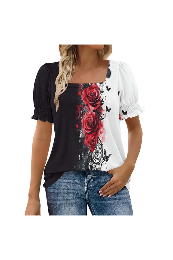 Womens Tops Plus Size Women's Printing Casual Square Neck Loose Short Sleeve T-shirt Tops Blouses Black XXL
