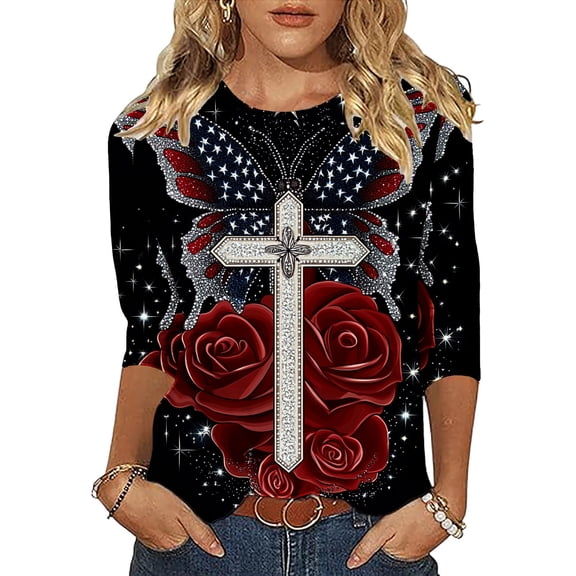 ChaoHeng Womens Tops Plus Size Casual 3/4 Sleeve July 4th Independence Day Print V Neck Relax Cotton Blouse Red XXXL