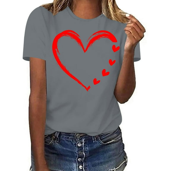 ChaoHeng Womens Tops Short Sleeve Summer Blouses for Women Ladies' Valentine's Day Love Printed Round Neck Short Sleeved T-Shirt Loose Casual Top