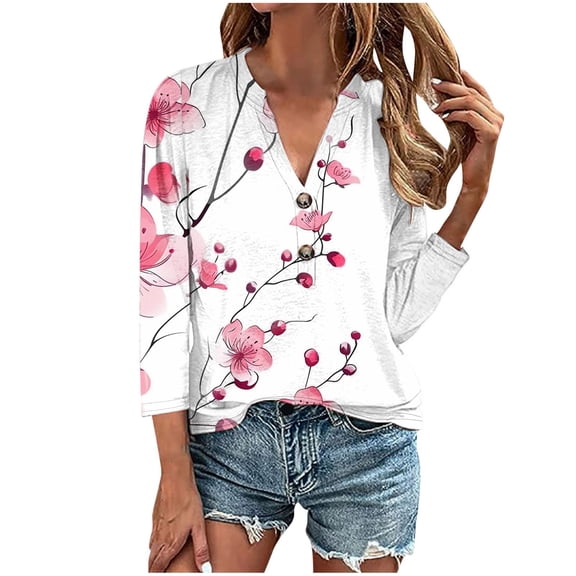 ChaoHeng Womens Tops Short Sleeve Trendy Blouses for Women Dressy Casual Women's Casual Fashion Loose V-Neck Button Print-quarter Sleeve Top