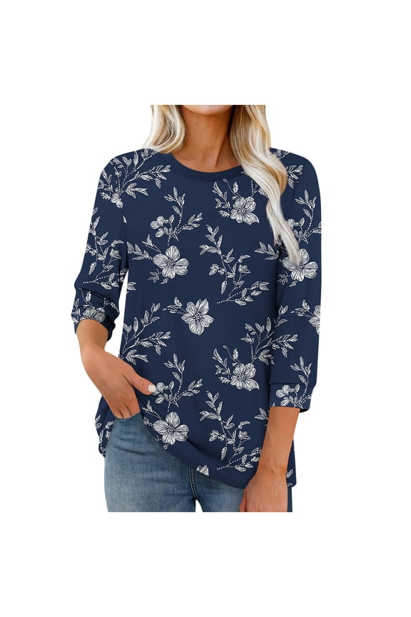 Womens Tops Trendy Casual 3/4 Length Sleeve Summer Printed Crewneck Loose Fit Everyday Plus Size Navy M