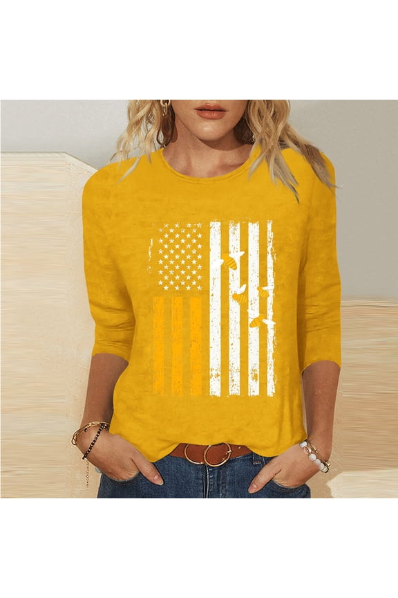 Womens Tops Trendy Casual Plus Size Tops for Women Printed Round Neck 3/4 Sleeve Loose Pullover Summer Everyday Tees Yellow S