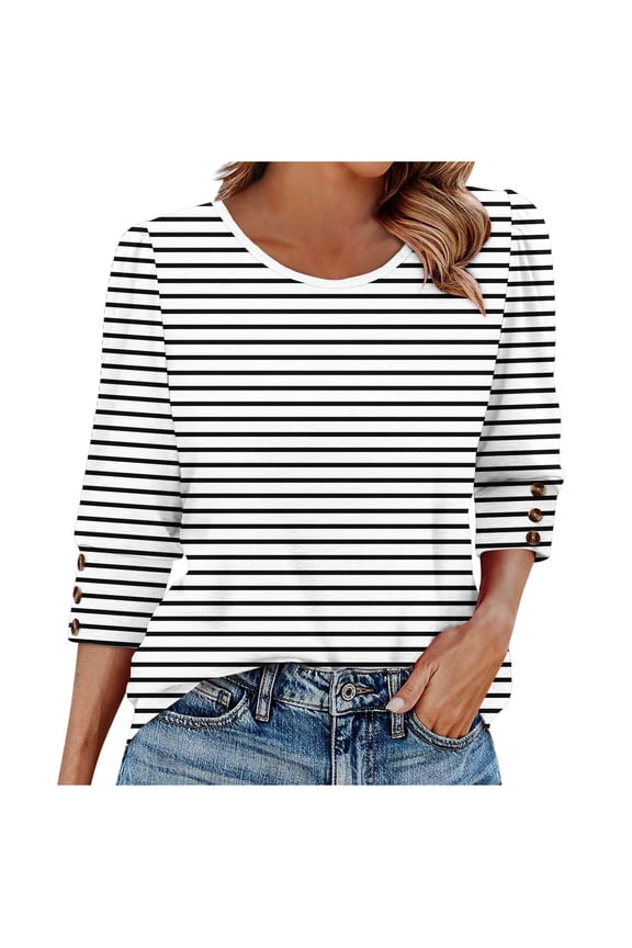 Womens Tops Trendy Casual Womens Tops Plus Size Button Front Round Neck 3/4 Sleeve Relax Fit Cotton Daily Blouse White XL