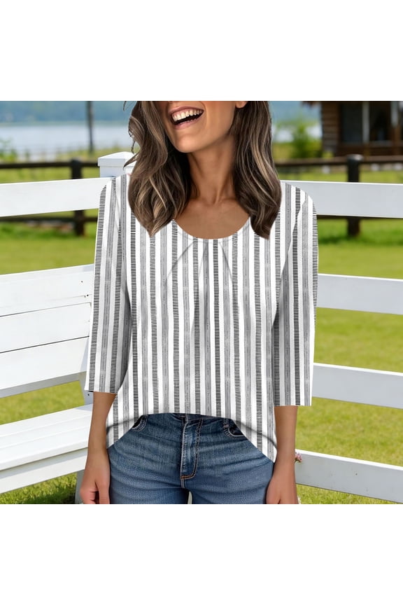 Womens Tops Trendy Casual Womens Tops Plus Size Printed Round Neck 3/4 Sleeve Spring Summer Soft Comfort Cotton Tees Gray XXL