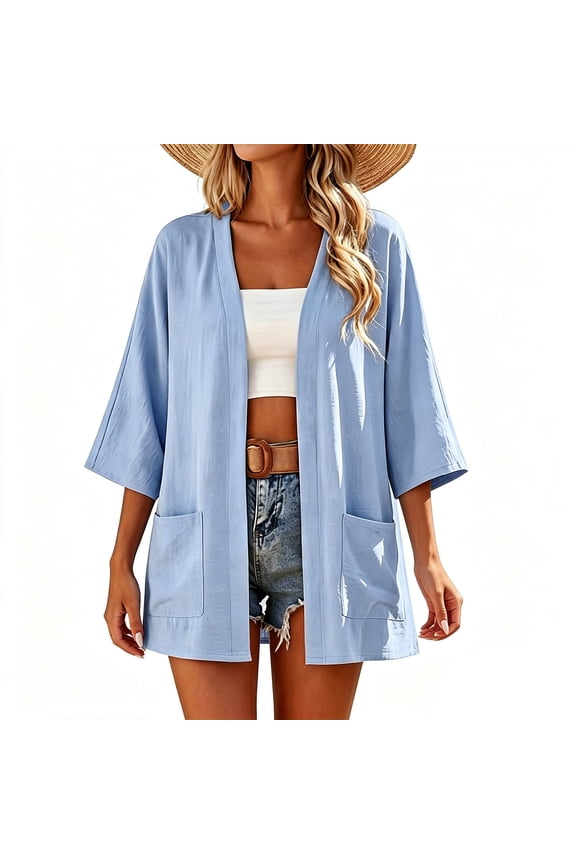 Womens Tops Trendy Summer Womens Casual Tops Solid 3/4 Sleeve Pocket Open Front Lightweight Cardigan Light Blue S