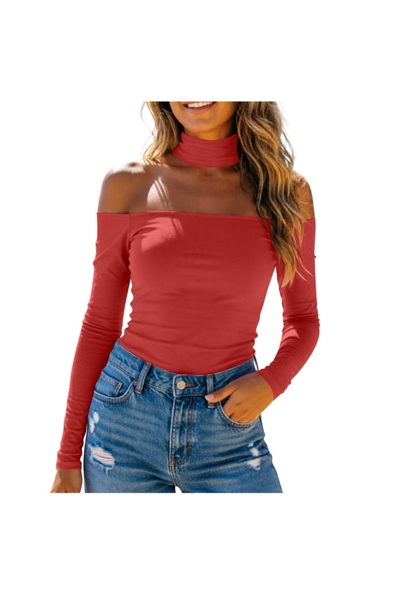 Womens Tops Trendy Womens Tops Choker Neck Long Sleeve Off Shoulder Fitted Solid Blouse Red S