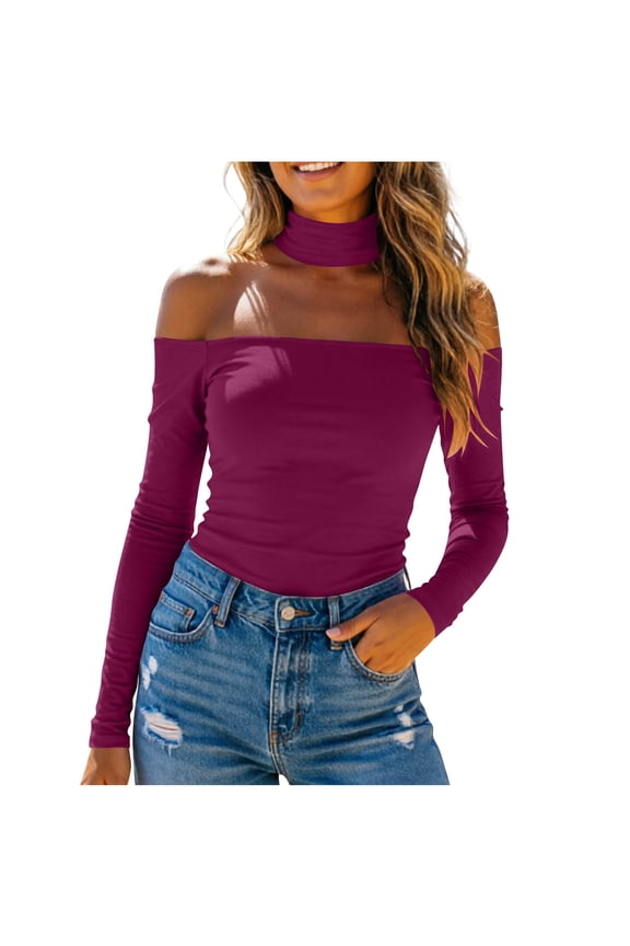 Womens Tops Trendy Womens Tops Choker Neck Long Sleeve Off Shoulder Fitted Solid Blouse Wine XL