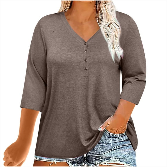 ChaoHeng Blouses for Women Plus Size Women Plus Size Tops V Neck 3/4 Sleeve Casual Tshirts Loose Basic Tunic Tees